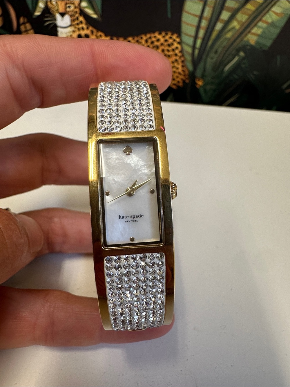 kate spade Gold Crystal Pavé Bangle Watch with White Mother of Pearl Dial